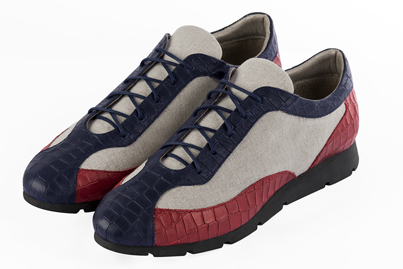 Navy blue, natural beige and cardinal red women's three-tone elegant sneakers. Round toe. Flat rubber soles. Front view - Florence KOOIJMAN